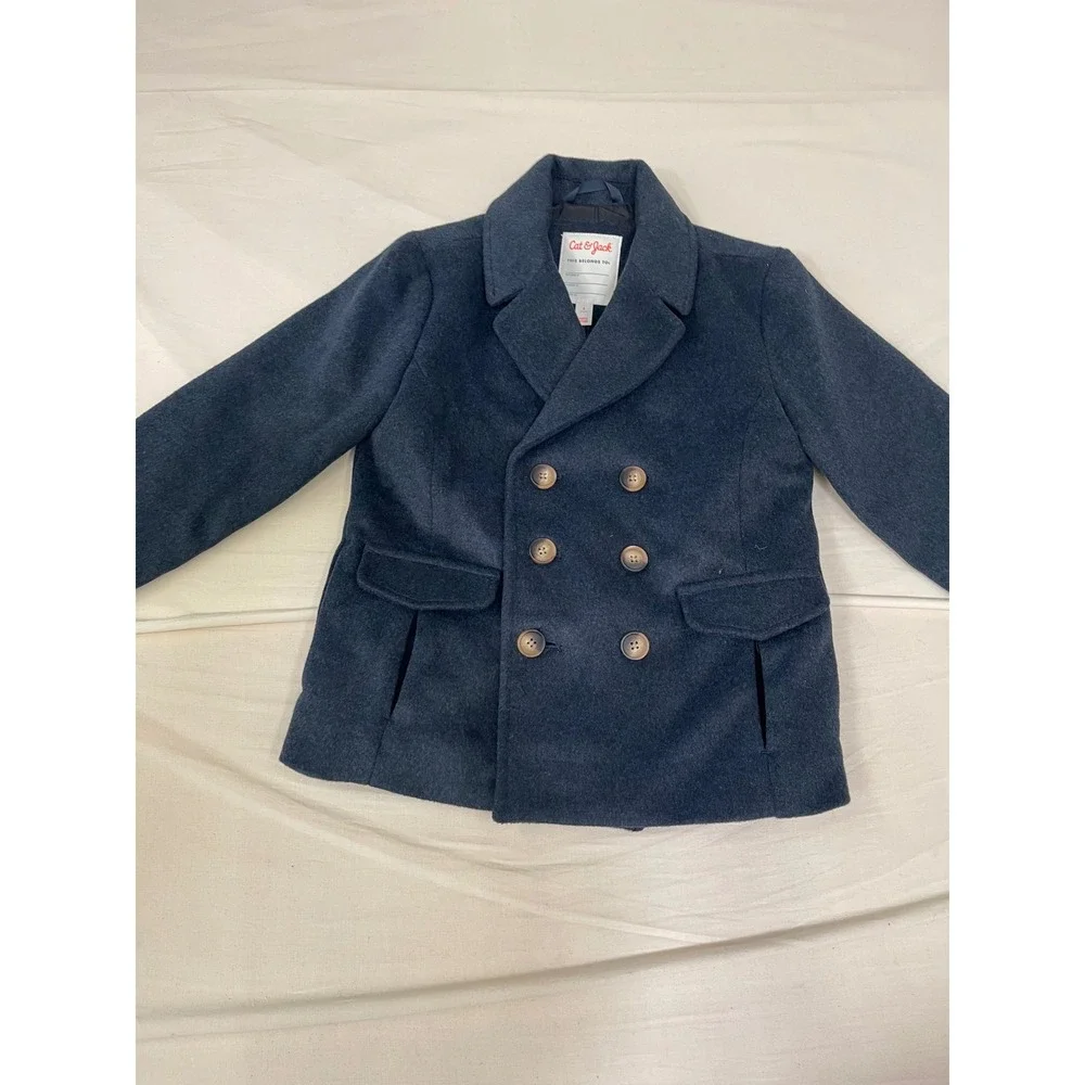 Cat & Jack Boys Charcoal Gray Double Breasted Pea Coat Jacket Size S 6/7